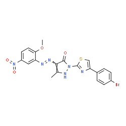 ChemSpider 2D Image | 2-[4-(4-Bromophenyl)-1,3-thiazol-2-yl]-4-[(E)-(2-methoxy-5-nitrophenyl)diazenyl]-5-methyl-1,2-dihydro-3H-pyrazol-3-one | C20H15BrN6O4S