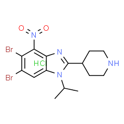ChemSpider 2D Image | 5,6-Dibromo-1-isopropyl-4-nitro-2-(4-piperidinyl)-1H-benzimidazole hydrochloride (1:1) | C15H19Br2ClN4O2