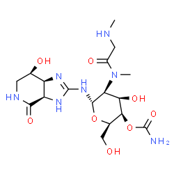 ChemSpider 2D Image | 4-O-Carbamoyl-2-deoxy-N-[(3aR,7R,7aS)-7-hydroxy-4-oxo-3a,4,5,6,7,7a-hexahydro-3H-imidazo[4,5-c]pyridin-2-yl]-2-[methyl(N-methylglycyl)amino]-alpha-D-talopyranosylamine | C17H29N7O8