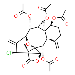 ChemSpider 2D Image | (1R,2S,3S,7S,8R,9R,10S,11S,13S,14R,17R)-13-Chloro-8,17-dimethyl-4,12-bis(methylene)-16-oxo-15,18-dioxatetracyclo[9.6.1.0~1,14~.0~3,8~]octadecane-2,7,9,10-tetrayl tetraacetate | C28H35ClO11