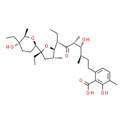 ChemSpider 2D Image | 6-[(3R,4R,5R,7S)-7-{(2R,3R,5R)-5-Ethyl-5-[(2R,5S,6R)-5-ethyl-5-hydroxy-6-methyltetrahydro-2H-pyran-2-yl]-3-methyltetrahydro-2-furanyl}-4-hydroxy-3,5-dimethyl-6-oxononyl]-2-hydroxy-3-methylbenzoic acid | C34H54O8