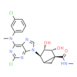ChemSpider 2D Image | (1S,2R,3S,4R,5S)-4-{2-Chloro-6-[(3-chlorophenyl)(methyl)amino]-9H-purin-9-yl}-2,3-dihydroxy-N-methylbicyclo[3.1.0]hexane-1-carboxamide | C20H20Cl2N6O3