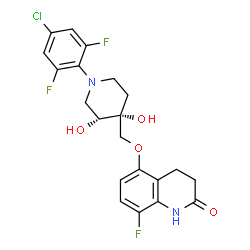 ChemSpider 2D Image | 5-{[(3R,4R)-1-(4-Chloro-2,6-difluorophenyl)-3,4-dihydroxy-4-piperidinyl]methoxy}-8-fluoro-3,4-dihydro-2(1H)-quinolinone | C21H20ClF3N2O4