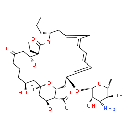 ChemSpider 2D Image | (1R,3S,9R,10S,13R,17Z,19E,23R,25R,26R,27S)-23-[(3-Amino-3,6-dideoxy-beta-D-mannopyranosyl)oxy]-10-ethyl-1,3,9,27-tetrahydroxy-7,11-dioxo-13-propyl-12,29-dioxabicyclo[23.3.1]nonacosa-15,17,19,21-tetrae
ne-26-carboxylic acid | C39H61NO14