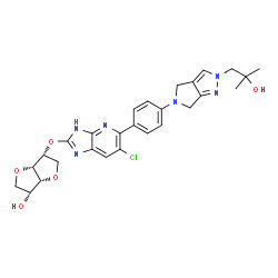 ChemSpider 2D Image | 1,4:3,6-Dianhydro-2-O-(6-chloro-5-{4-[2-(2-hydroxy-2-methylpropyl)-2,6-dihydropyrrolo[3,4-c]pyrazol-5(4H)-yl]phenyl}-3H-imidazo[4,5-b]pyridin-2-yl)-D-mannitol | C27H29ClN6O5