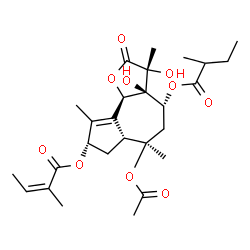 ChemSpider 2D Image | (3R,3aS,4R,6R,6aR,8S,9bR)-6-Acetoxy-3,3a-dihydroxy-3,6,9-trimethyl-4-[(2-methylbutanoyl)oxy]-2-oxo-2,3,3a,4,5,6,6a,7,8,9b-decahydroazuleno[4,5-b]furan-8-yl (2Z)-2-methyl-2-butenoate | C27H38O10