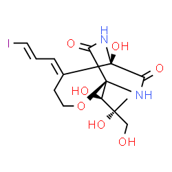 ChemSpider 2D Image | (1S,5E,6R)-6-Hydroxy-5-[(2E)-3-iodo-2-propen-1-ylidene]-1-[(1R,2R)-1,2,3-trihydroxy-2-methylpropyl]-2-oxa-7,9-diazabicyclo[4.2.2]decane-8,10-dione | C14H19IN2O7