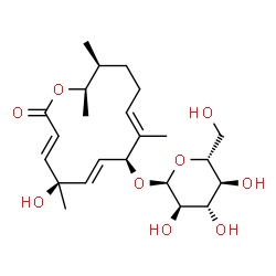 ChemSpider 2D Image | (3E,5R,6E,8S,9E,13S,14R)-5-Hydroxy-5,9,13,14-tetramethyl-2-oxooxacyclotetradeca-3,6,9-trien-8-yl alpha-D-glucopyranoside | C23H36O9