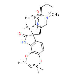 ChemSpider 2D Image | (1S,8S,10S,12S)-4',4',11,11,14-Pentamethyl(2',4,4',9,11,15-~13~C_6_)-4'H,15H-spiro[3,14-diazatetracyclo[6.5.2.0~1,10~.0~3,8~]pentadecane-12,8'-[1,4]dioxepino[2,3-g]indole]-9',15(10'H)-dione | C2213C6H35N3O4