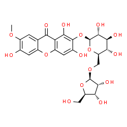 ChemSpider 2D Image | 1,3,6-Trihydroxy-7-methoxy-9-oxo-9H-xanthen-2-yl 6-O-beta-D-ribofuranosyl-beta-D-glucopyranoside | C25H28O16