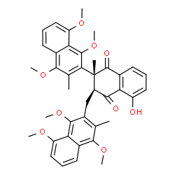 ChemSpider 2D Image | (2R,3S)-5-Hydroxy-1',4',8'-trimethoxy-2,3'-dimethyl-3-[(1,4,8-trimethoxy-3-methyl-2-naphthyl)methyl]-2,3-dihydro-2,2'-binaphthalene-1,4-dione | C40H40O9