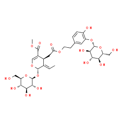 ChemSpider 2D Image | Methyl (2S,3E,4S)-3-ethylidene-2-(beta-D-glucopyranosyloxy)-4-(2-{2-[3-(beta-D-glucopyranosyloxy)-4-hydroxyphenyl]ethoxy}-2-oxoethyl)-3,4-dihydro-2H-pyran-5-carboxylate | C31H42O18