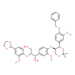 ChemSpider 2D Image | (1S,2R)-1-[4-({(4S,5R)-4-[4-(Benzyloxy)-3-methoxyphenyl]-2,2-dimethyl-1,3-dioxan-5-yl}oxy)-3-methoxyphenyl]-2-[4-(1,3-dioxolan-2-yl)-2-methoxyphenoxy]-1,3-propanediol | C40H46O12