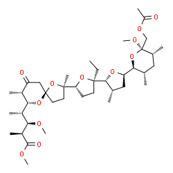 ChemSpider 2D Image | Methyl (2S,3R,4S)-4-[(2R,5R,7R,8S)-2-{(2R,2'R,3'S,5R,5'R)-5'-[(2S,3S,5R,6R)-6-(acetoxymethyl)-6-methoxy-3,5-dimethyltetrahydro-2H-pyran-2-yl]-2-ethyl-3'-methyloctahydro-2,2'-bifuran-5-yl}-2,8-dimethyl
-9-oxo-1,6-dioxaspiro[4.5]dec-7-yl]-3-methoxy-2-methylpentanoate | C40H66O12