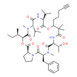 ChemSpider 2D Image | (3S,6S,9S,16S,19S,24aS)-19-Benzyl-3-[(2R)-2-butanyl]-16-[(1R)-1-hydroxyethyl]-6,9-diisopropyl-5,13,13,18-tetramethyl-12-(4-pentyn-1-yl)dodecahydro-1H,12H-pyrrolo[2,1-l][1,10,4,7,13,16,19]dioxapentaaza
cyclodocosine-1,4,7,10,14,17,20(3H,13H)-heptone | C46H69N5O10