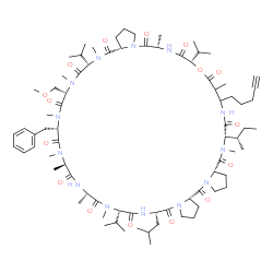 ChemSpider 2D Image | (6S,9S,12S,15R,18S,21S,24S,26aS,32S,35S,42S,44aS,49aS)-18-Benzyl-42-[(2S)-2-butanyl]-6-isobutyl-9,24,35-triisopropyl-21-(methoxymethyl)-10,12,15,16,19,22,25,32,38,43-decamethyl-39-(4-pentyn-1-yl)triac
ontahydro-1H,31H-tripyrrolo[1,2-g:1',2'-e_1_:1'',2''-h_1_][1,4,7,10,13,16,19,22,25,28,31,34,37,40]oxatridecaazacyclotritetracontine-5,8,11,14,17,20,23,26,31,34,37,41,44,49(35H,38H,49aH)-tetradecone | C79H125N13O16