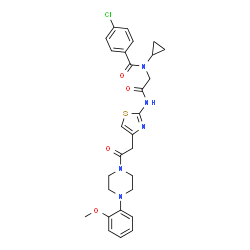 ChemSpider 2D Image | 4-Chloro-N-cyclopropyl-N-{2-[(4-{2-[4-(2-methoxyphenyl)-1-piperazinyl]-2-oxoethyl}-1,3-thiazol-2-yl)amino]-2-oxoethyl}benzamide | C28H30ClN5O4S