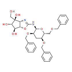 ChemSpider 2D Image | 2,4,6-Tri-O-benzyl-3-deoxy-N-[(3aR,4R,5S,6S,6aS)-4,5,6-trihydroxy-4-(hydroxymethyl)-4,5,6,6a-tetrahydro-3aH-cyclopenta[d][1,3]oxazol-2-yl]-alpha-D-ribo-hexopyranosylamine | C34H40N2O9