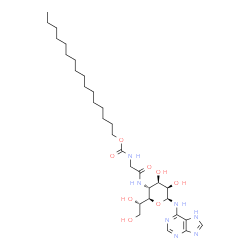 ChemSpider 2D Image | (5R)-4-Deoxy-5-[(1S)-1,2-dihydroxyethyl]-4-({N-[(hexadecyloxy)carbonyl]glycyl}amino)-N-7H-purin-6-yl-beta-L-lyxopyranosylamine | C31H53N7O8