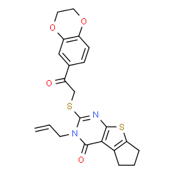ChemSpider 2D Image | 3-Allyl-2-{[2-(2,3-dihydro-1,4-benzodioxin-6-yl)-2-oxoethyl]sulfanyl}-3,5,6,7-tetrahydro-4H-cyclopenta[4,5]thieno[2,3-d]pyrimidin-4-one | C22H20N2O4S2