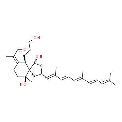 ChemSpider 2D Image | (2Z)-2-{(1R,3S,5R,6R,10S)-1,10-Dihydroxy-6-(3-hydroxypropyl)-10-methyl-3-[(1E,3E,5E,7E)-2,6,10-trimethyl-1,3,5,7,9-undecapentaen-1-yl]-2-oxaspiro[4.5]dec-7-ylidene}propanal | C30H44O5