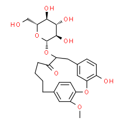 ChemSpider 2D Image | 4-Hydroxy-17-methoxy-10-oxo-2-oxatricyclo[13.2.2.1~3,7~]icosa-1(17),3(20),4,6,15,18-hexaen-9-yl beta-D-glucopyranoside | C26H32O10
