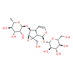 ChemSpider 2D Image | (1aS,1bS,2S,5aR,6S,6aS)-6-[(6-Deoxy-alpha-L-mannopyranosyl)oxy]-1a-(hydroxymethyl)-1a,1b,2,5a,6,6a-hexahydrooxireno[4,5]cyclopenta[1,2-c]pyran-2-yl beta-D-glucopyranoside | C21H32O14