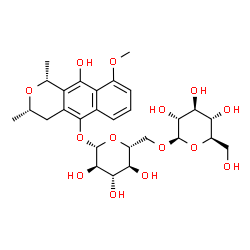 ChemSpider 2D Image | (1R,3S)-10-Hydroxy-9-methoxy-1,3-dimethyl-3,4-dihydro-1H-benzo[g]isochromen-5-yl 6-O-beta-D-glucopyranosyl-beta-D-glucopyranoside | C28H38O14