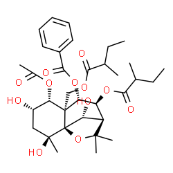 ChemSpider 2D Image | (1S,2S,4S,5R,6S,7S,8S,9S,12R)-5-Acetoxy-2,4,12-trihydroxy-2,10,10-trimethyl-8-[(2-methylbutanoyl)oxy]-6-{[(2-methylbutanoyl)oxy]methyl}-11-oxatricyclo[7.2.1.0~1,6~]dodec-7-yl benzoate | C34H48O12