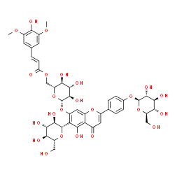 ChemSpider 2D Image | 6-Î²-D-Glucopyranosyl-2-[4-(Î²-D-glucopyranosyloxy)phenyl]-5-hydroxy-7-[[6-O-[(2E)-3-(4-hydroxy-3,5-dimethoxyphenyl)-1-oxo-2-propen-1-yl]-Î²-D-glucopyranosyl]oxy]-4H-1-benzopyran-4-one | C44H50O24