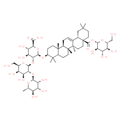 ChemSpider 2D Image | (2S,3S,4S,5R,6R)-6-[[(3S,6aR,6bS,8aS,12aS,14aR,14bR)-4,4,6a,6b,11,11,14b-heptamethyl-8a-[(2S,3R,4S,5S,6R)-3,4,5-trihydroxy-6-(hydroxymethyl)tetrahydropyran-2-yl]oxycarbonyl-1,2,3,4a,5,6,7,8,9,10,12,12a,14,14a-tetradecahydropicen-3-yl]oxy]-5-[(2S,3R,4S,5R,6R)-4,5-dihydroxy-6-(hydroxymethyl)-3-[(2S,3R,4R,5R,6S)-3,4,5-trihydroxy-6-methyl-tetrahydropyran-2-yl]oxy-tetrahydropyran-2-yl]oxy-3,4-dihydroxy-tetrahydropyran-2-carboxylic acid | C54H86O23