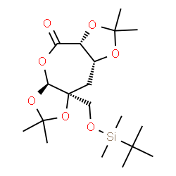 ChemSpider 2D Image | (3aS,5aR,8aR,9aS)-9a-({[Dimethyl(2-methyl-2-propanyl)silyl]oxy}methyl)-2,2,7,7-tetramethyltetrahydrobis[1,3]dioxolo[4,5-b:4',5'-e]oxepin-5(3aH)-one | C19H34O7Si