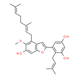 ChemSpider 2D Image | 5-{4-[(2E)-3,7-Dimethyl-2,6-octadien-1-yl]-6-hydroxy-5-methoxy-1-benzofuran-2-yl}-4-(3-methyl-2-buten-1-yl)-1,3-benzenediol | C30H36O5