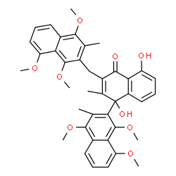 ChemSpider 2D Image | 1,5-Dihydroxy-1',4',8'-trimethoxy-2,3'-dimethyl-3-[(1,4,8-trimethoxy-3-methyl-2-naphthyl)methyl]-1,2'-binaphthalen-4(1H)-one | C40H40O9
