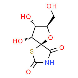 ChemSpider 2D Image | (5R,7R,8S,9R)-8,9-Dihydroxy-7-(hydroxymethyl)-6-oxa-1-thia-3-azaspiro[4.4]nonane-2,4-dione | C7H9NO6S