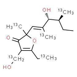 ChemSpider 2D Image | 5-[(2-~13~C)Ethyl]-2-{(1E,3R,4S)-3-hydroxy-2,4-bis[(~13~C)methyl]-1-hexen-1-yl}-4-[hydroxy(~13~C)methyl]-2-(~13~C)methyl-3(2H)-furanone | C1113C5H26O4