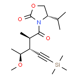 ChemSpider 2D Image | (4S)-4-Isopropyl-3-[(2R,3R)-3-[(1S)-1-methoxyethyl]-2-methyl-5-(trimethylsilyl)-4-pentynoyl]-1,3-oxazolidin-2-one | C18H31NO4Si