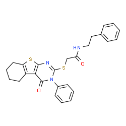 ChemSpider 2D Image | 2-[(4-Oxo-3-phenyl-3,4,5,6,7,8-hexahydro[1]benzothieno[2,3-d]pyrimidin-2-yl)sulfanyl]-N-(2-phenylethyl)acetamide | C26H25N3O2S2