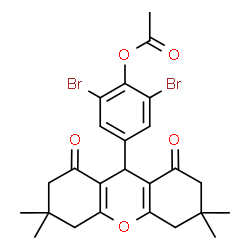 ChemSpider 2D Image | 2,6-Dibromo-4-(3,3,6,6-tetramethyl-1,8-dioxo-2,3,4,5,6,7,8,9-octahydro-1H-xanthen-9-yl)phenyl acetate | C25H26Br2O5