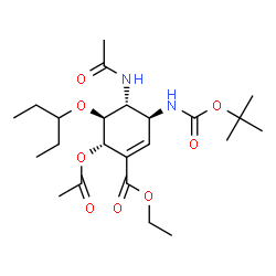 ChemSpider 2D Image | Ethyl (3S,4R,5S,6S)-4-acetamido-6-acetoxy-3-({[(2-methyl-2-propanyl)oxy]carbonyl}amino)-5-(3-pentanyloxy)-1-cyclohexene-1-carboxylate | C23H38N2O8