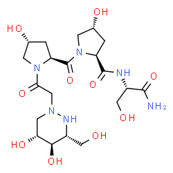 ChemSpider 2D Image | (4R)-1-{[(3R,4R,5R)-4,5-Dihydroxy-3-(hydroxymethyl)tetrahydro-1(2H)-pyridazinyl]acetyl}-4-hydroxy-L-prolyl-(4R)-4-hydroxy-L-prolyl-L-serinamide | C20H34N6O10