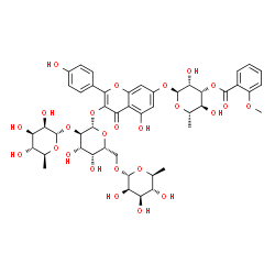 ChemSpider 2D Image | [(2S,3R,4R,5S,6S)-2-[3-[(2S,3R,4S,5R,6R)-4,5-dihydroxy-3-[(2S,3R,4R,5R,6S)-3,4,5-trihydroxy-6-methyl-tetrahydropyran-2-yl]oxy-6-[[(2S,3R,4R,5R,6S)-3,4,5-trihydroxy-6-methyl-tetrahydropyran-2-yl]oxymethyl]tetrahydropyran-2-yl]oxy-5-hydroxy-2-(4-hydroxyphenyl)-4-oxo-chromen-7-yl]oxy-3,5-dihydroxy-6-methyl-tetrahydropyran-4-yl] 2-methoxybenzoate | C47H56O25
