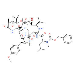 ChemSpider 2D Image | benzyl N-[(1R)-1-[[(3S,6S,8S,12S,13R,16S,20S,23S)-12-hydroxy-3-isobutyl-8,13-diisopropyl-20-[(4-methoxyphenyl)methyl]-6,21-dimethyl-2,5,7,10,15,19,22-heptaoxo-9-oxa-1,4,14,18,21-pentazabicyclo[21.3.0]hexacosan-16-yl]carbamoyl]-3-methyl-butyl]-N-methyl-carbamate | C55H81N7O13