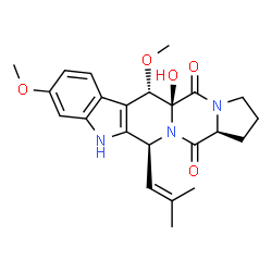 ChemSpider 2D Image | (5aS,6S,12S,14aS)-5a-Hydroxy-6,9-dimethoxy-12-(2-methyl-1-propen-1-yl)-1,2,3,5a,6,11,12,14a-octahydro-5H,14H-pyrrolo[1'',2'':4',5']pyrazino[1',2':1,6]pyrido[3,4-b]indole-5,14-dione | C23H27N3O5
