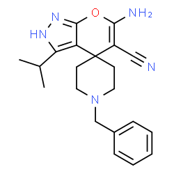 ChemSpider 2D Image | 6'-Amino-1-benzyl-3'-isopropyl-2'H-spiro[piperidine-4,4'-pyrano[2,3-c]pyrazole]-5'-carbonitrile | C21H25N5O