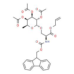 ChemSpider 2D Image | Allyl (2S)-2-{[(9H-fluoren-9-ylmethoxy)carbonyl]amino}-3-{[(2R,3S,4R,5R,6S)-3,4,5-triacetoxy-6-methyltetrahydro-2H-pyran-2-yl]oxy}propanoate | C33H37NO12