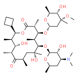 ChemSpider 2D Image | (3R,4S,5S,6R,7R,9R,11R,12S,13R,14R)-14-Cyclobutyl-6-{[(2S,3R,4S,6R)-4-(dimethylamino)-3-hydroxy-6-methyltetrahydro-2H-pyran-2-yl]oxy}-7,12-dihydroxy-4-{[(2R,4R,5S,6S)-5-hydroxy-4-methoxy-4,6-dimethylt
etrahydro-2H-pyran-2-yl]oxy}-3,5,7,9,11,13-hexamethyloxacyclotetradecane-2,10-dione | C39H69NO12