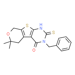 ChemSpider 2D Image | 3-Benzyl-6,6-dimethyl-2-thioxo-1,2,3,5,6,8-hexahydro-4H-pyrano[4',3':4,5]thieno[2,3-d]pyrimidin-4-one | C18H18N2O2S2