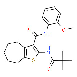 ChemSpider 2D Image | 2-[(2,2-Dimethylpropanoyl)amino]-N-(2-methoxyphenyl)-5,6,7,8-tetrahydro-4H-cyclohepta[b]thiophene-3-carboxamide | C22H28N2O3S