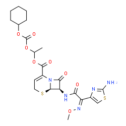 ChemSpider 2D Image | 1-{[(Cyclohexyloxy)carbonyl]oxy}ethyl (6R,7R)-7-{[(2Z)-2-(2-amino-1,3-thiazol-4-yl)-2-(methoxyimino)acetyl]amino}-8-oxo-5-thia-1-azabicyclo[4.2.0]oct-2-ene-2-carboxylate | C22H27N5O8S2